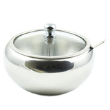 Stainless Steel Sugar Bowl with Glass Lid - Bonus Spoon - 2 Cup Capacity (500ml)