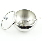 Stainless Steel Sugar Bowl with Glass Lid - Bonus Spoon - 2 Cup Capacity (500ml)