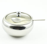 Stainless Steel Sugar Bowl with Glass Lid - Bonus Spoon - 2 Cup Capacity (500ml)