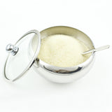 Stainless Steel Sugar Bowl with Glass Lid - Bonus Spoon - 2 Cup Capacity (500ml)