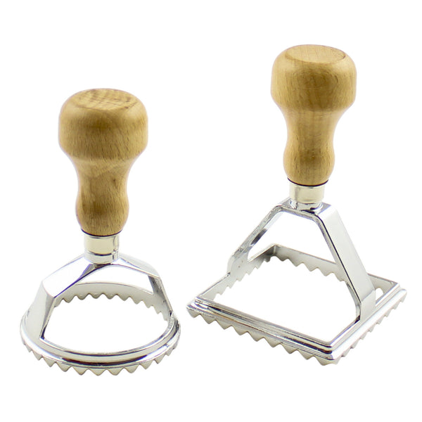 Ravioli Maker Cutter Stamp 2-Set - Round & Square Shape Mold - Large Size Aluminum Press with Natural Beechwood Handle